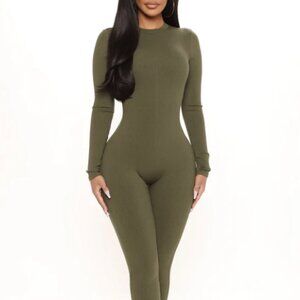 Fashion Nova Olive Green Long Sleeve Thick Jumpsuit